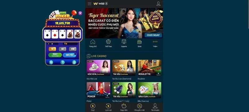 Mini Poker W88 là phiên bản kết hợp giữa Poker và nổ hũ